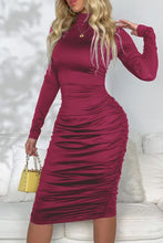 Burgundy Long Sleeve Ruched Midi Dress for Evenings Wine Evening Dresses