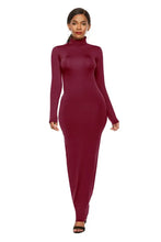 Burgundy Long Sleeve Turtleneck Maxi Dress Bodycon Fit Maxi Dresses