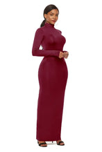 Burgundy Long Sleeve Turtleneck Maxi Dress Bodycon Fit Maxi Dresses
