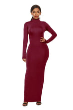 Burgundy Long Sleeve Turtleneck Maxi Dress Bodycon Fit Maxi Dresses