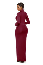 Burgundy Long Sleeve Turtleneck Maxi Dress Bodycon Fit Maxi Dresses