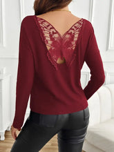 Burgundy Long-Sleeved Top with Butterfly Lace Back Burgundy Woman T Shirts