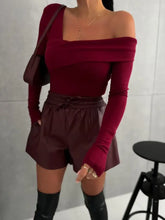 Burgundy Off-the-Shoulder Long Sleeve Top and Shorts Set Woman T Shirts