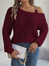 Burgundy One Shoulder Knit Sweater with Buckle and Moderate Stretch Wine Sweater Pullovers