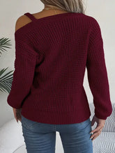 Burgundy One Shoulder Knit Sweater with Buckle and Moderate Stretch Sweater Pullovers