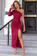 Burgundy One Shoulder Maxi Dress Ruched Sleeve Length Maxi Dresses