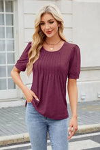 Burgundy Puff Sleeve Pleated Top for Women Woman T Shirts
