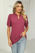 Burgundy Puff Sleeve Top with Ruffled Neck for Women Deep Rose Woman T Shirts