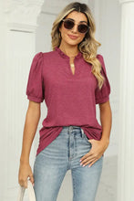 Burgundy Puff Sleeve Top with Ruffled Neck for Women Woman T Shirts