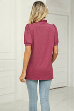Burgundy Puff Sleeve Top with Ruffled Neck for Women Woman T Shirts