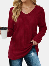 Burgundy Ribbed V-Neck Long Sleeve Sweater Sweater Pullovers