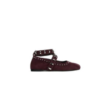 Burgundy Suede Studded Ballet Flats with Ankle Strap for Women Burgundy Woman Loafers