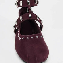 Burgundy Suede Studded Ballet Flats with Ankle Strap for Women Woman Loafers