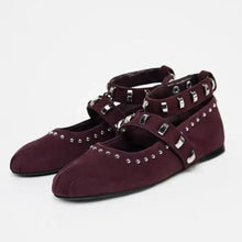 Burgundy Suede Studded Ballet Flats with Ankle Strap for Women Woman Loafers