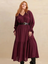 Burgundy Swiss Dot Tiered Maxi Dress with Belt Long Sleeve Maxi Dresses