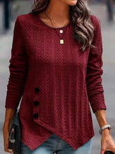 Burgundy Textured Long Sleeve Top with Decorative Button Rust Woman T Shirts