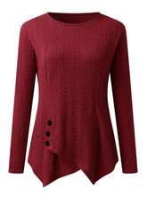 Burgundy Textured Long Sleeve Top with Decorative Button Woman T Shirts