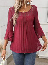 Burgundy Textured Sheer Blouse with Bell Sleeves Deep Purple Woman T Shirts
