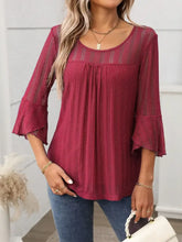 Burgundy Textured Sheer Blouse with Bell Sleeves Woman T Shirts