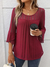 Burgundy Textured Sheer Blouse with Bell Sleeves Woman T Shirts