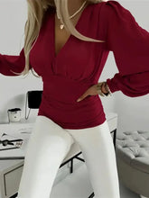 Burgundy V-Neck Balloon Sleeve Blouse for Women Woman T Shirts