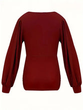 Burgundy V-Neck Balloon Sleeve Blouse for Women Woman T Shirts