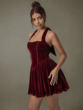 Burgundy Velvet Halter Evening Dress with Ruched and Lace Detail Evening Dresses
