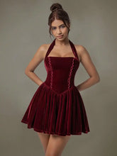 Burgundy Velvet Halter Evening Dress with Ruched and Lace Detail Evening Dresses