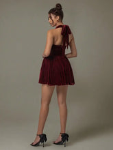 Burgundy Velvet Halter Evening Dress with Ruched and Lace Detail Evening Dresses