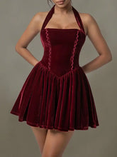 Burgundy Velvet Halter Evening Dress with Ruched and Lace Detail Burgundy Evening Dresses