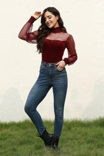 Burgundy Velvet Polka Dot Mesh Top for Women Woman Bodysuits