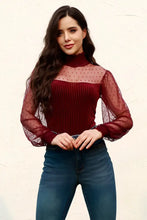 Burgundy Velvet Polka Dot Mesh Top for Women Woman Bodysuits