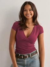 Burgundy Wrap Front Fitted T Shirt for Women Deep Purple Woman T Shirts