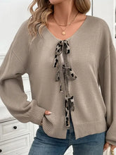 Perfee Tied Contrast Heart V-Neck Long Sleeve Cardigan Mocha Woman Outerwear
