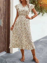 Ruffled Floral V-Neck Cap Sleeve Dress Tan Casual Dresses