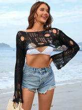 Distressed Boat Neck Long Sleeve Cover Up Swimwear Cover-Ups