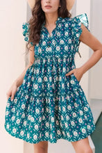 Printed Tie Neck Ruffled Cap Sleeve Dress Woman Casual Dress