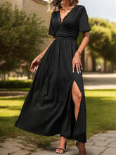 Perfee Lace Detail Slit V-Neck Short Sleeve Dress Maxi Dresses