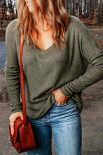 V-Neck Long Sleeve Ribbed Top Woman Blouses