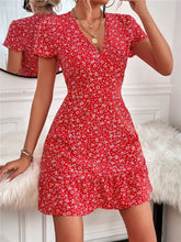 Printed Ruffled Hem V-Neck Short Sleeve Mini Dress Woman Casual Dress