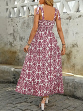 Smocked Slit Printed Tie Shoulder Dress Woman Casual Dress