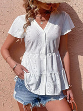 Perfee Button Front Eyelet Flutter Sleeve Tiered Blouse White Woman Blouses