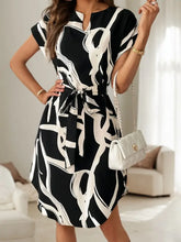 Abstract Print Belted Short Sleeve Midi Dress Black Woman Casual Dress