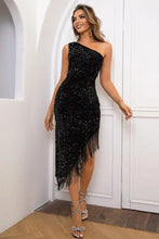 Sequin Asymmetrical Fringe Hem One-Shoulder Dress Black Cocktail Dress