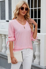 Eyelet Drawstring V-Neck Half Sleeve T-Shirt Blush Pink Woman T Shirts