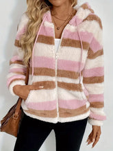 Drawstring Striped Zip Up Hooded Jacket Blush Pink Woman Outerwear
