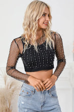 Pearl Long Sleeve Mesh Cropped Top Black Woman Blouses
