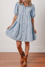 Button Up Puff Sleeve Tiered Shirt Dress Woman Casual Dress
