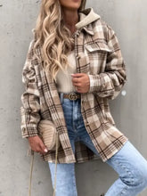 Plaid Button Up Jacket with Removable Hood Woman Outerwear