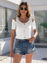 Ivy Lane Decorative Button Round Neck Cold Shoulder T-Shirt White Woman T Shirts